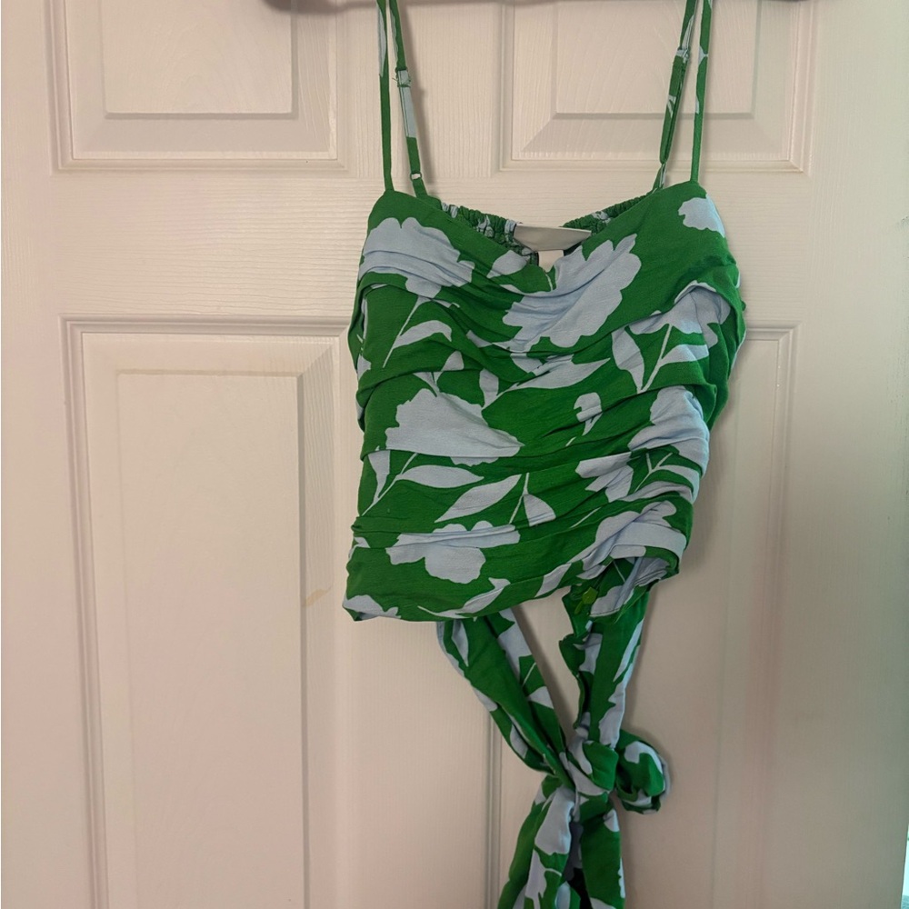 Green Floral Ruched Crop Top with Tie Back